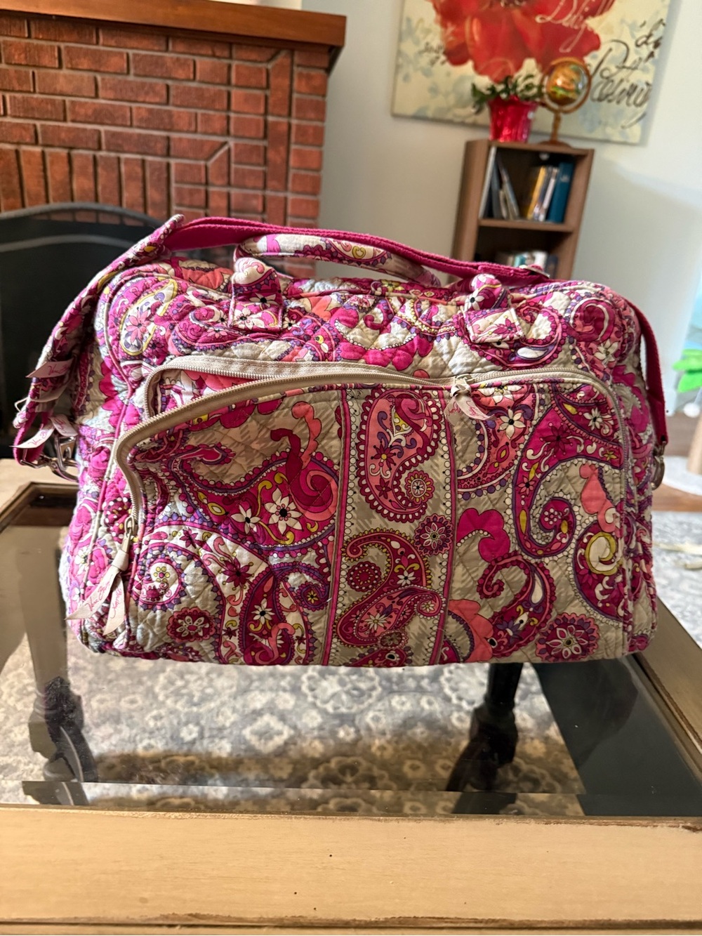 Vera Bradley Pink Paisley Quilted Travel Crossbody Duffel Bag with Cream Accents
